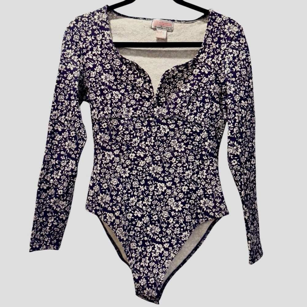 Vintage Y2K Bodywear bi Energie Purple Floral Long Sleeve Bodysuit Size Large
